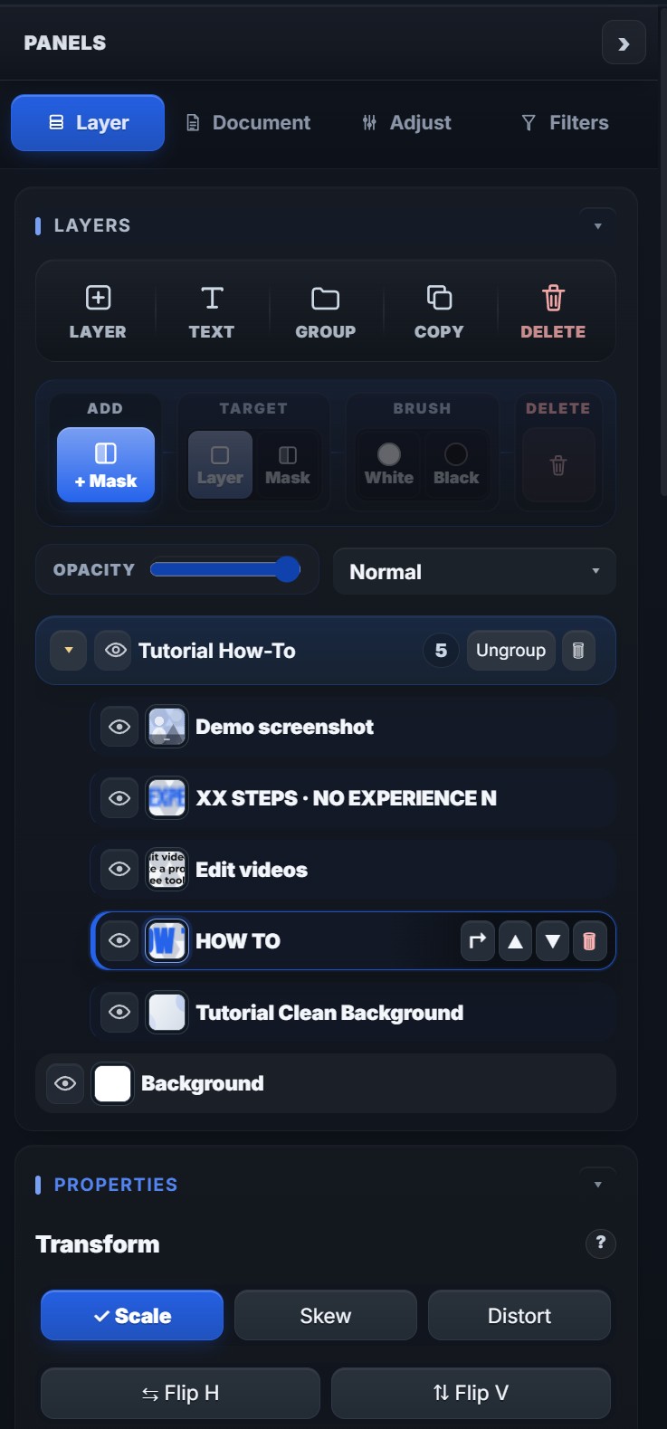 PhotoEditRocket layers panel — layers, groups, masks, blend modes and opacity