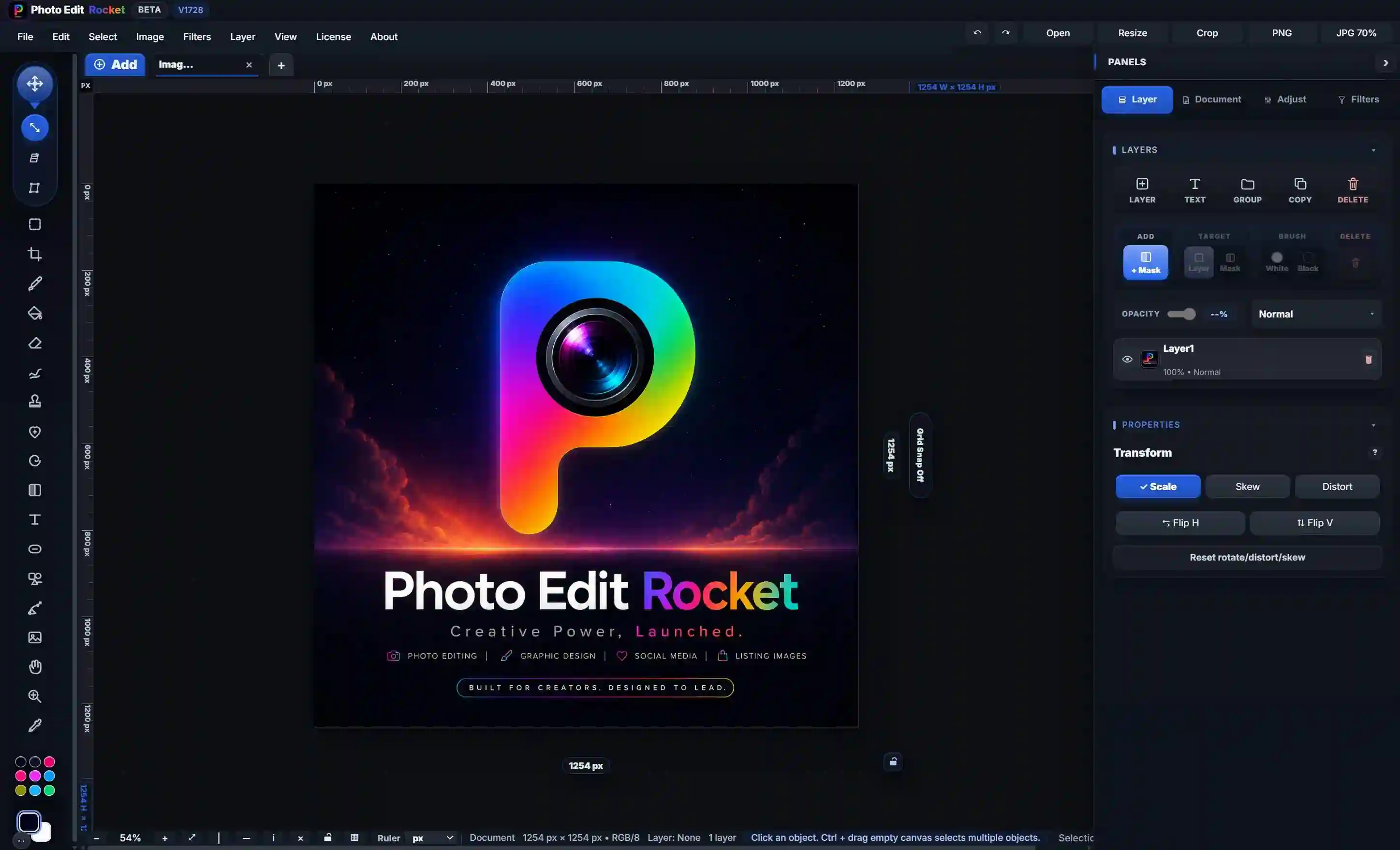 PhotoEditRocket editor — layered photo editing and graphic design in the browser